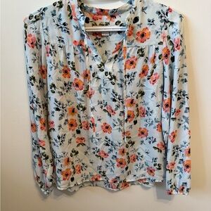 LOFT Floral Blouse - Pink and Orange on White
